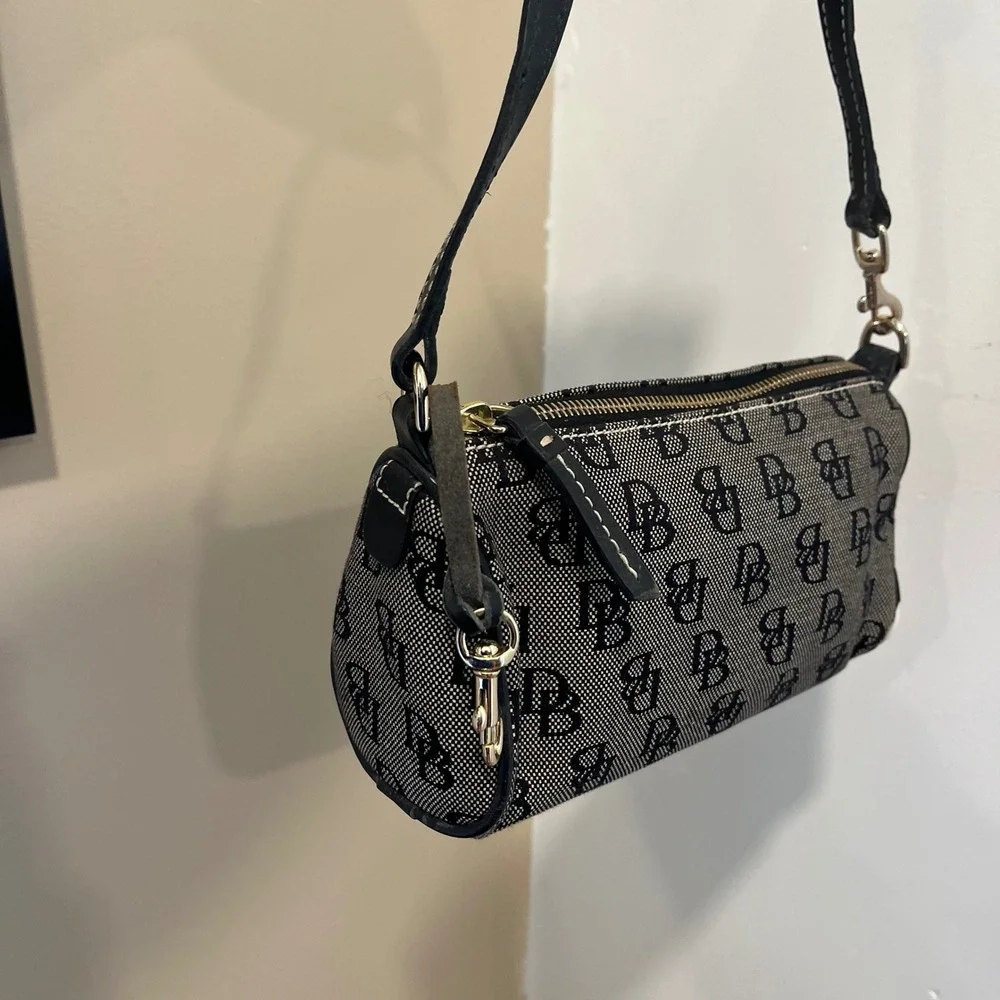 Dooney & Bourke Monogram Pochette Black White Canvas Baguette Shoulder Bag